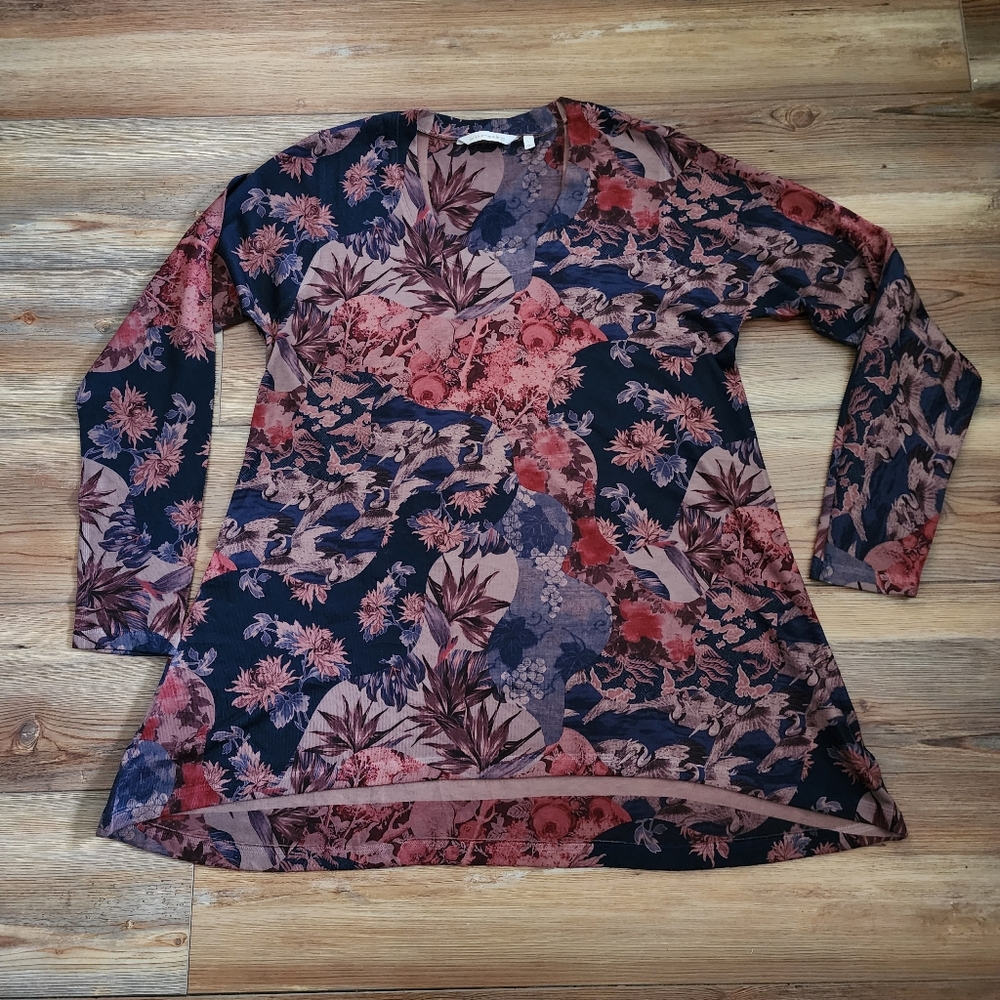 Soft Surroundings Tunic Top Size L Brown Floral Millie Long Sleeve Whimsigoth